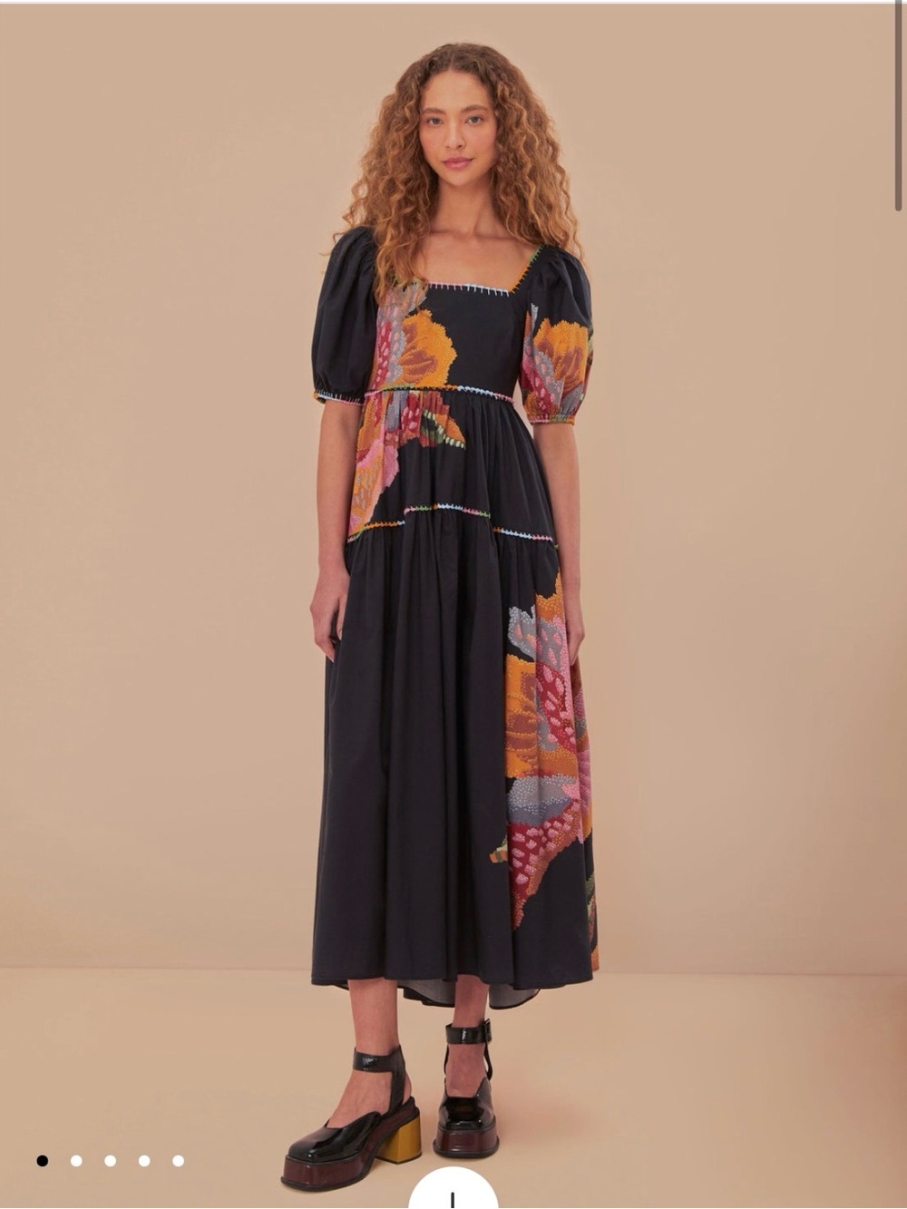 Farm Rio NWT Black Lucy Floral Puff-Sleeve Midi/maxi Dress